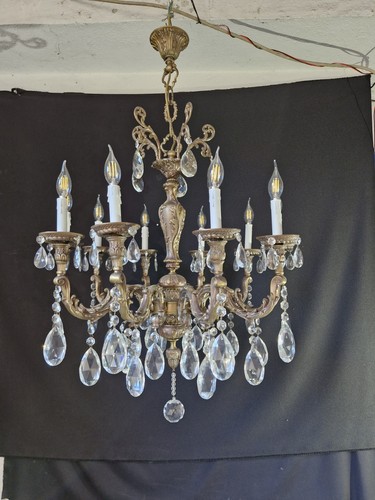 Antique Vintage French Chandelier Brass & Crystals Ceiling Light 10 Arms Ø 28"in - Picture 5 of 23