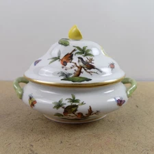 Herend Rothschild Mini Tureen Lemon Lid Birds Butterfly Hungary VGC 5.5"x3.75"