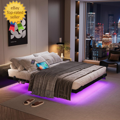 Floating Bed Frame with LED Lights and Charging Station, 14 Inch King Size Float