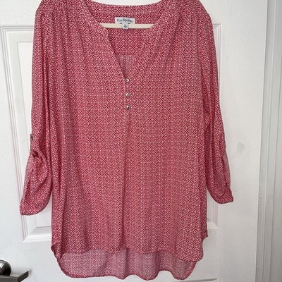 Kim Rogers Woman's XL Pink and White Geometric Print 3/4 Sleeve Top Tunic Blouse