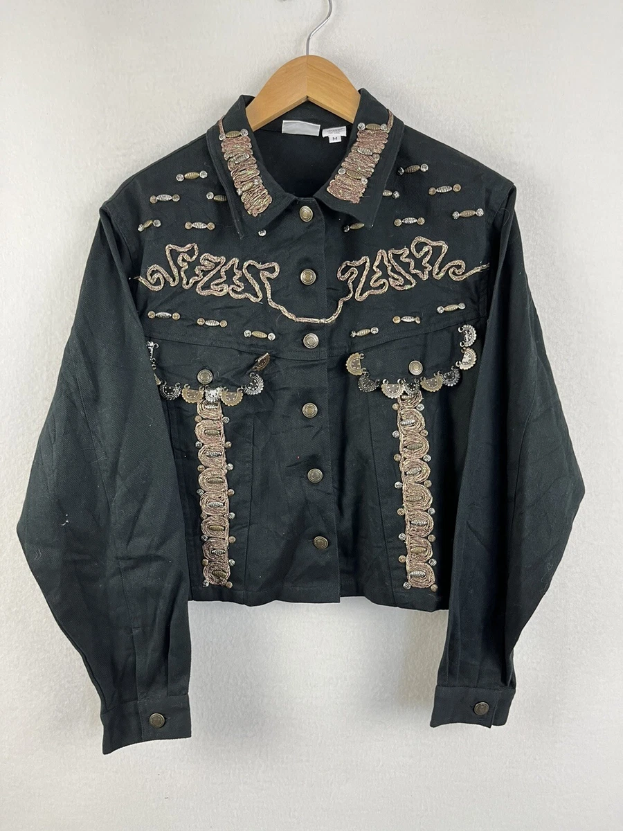 Vintage Style Works Womens Denim Western Jacket w/ Buttons Black Medium