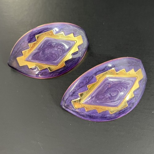Vintage Oversized Earrings Gold Tone Pierced Purple Enamel 80s Runway Statement - Picture 3 of 5
