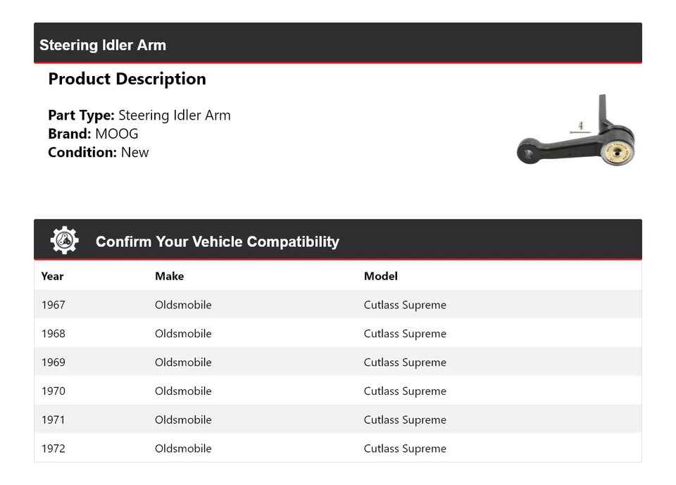 Brazo de rueda loca de dirección Supreme Oldsmobile Cutlass 1967-1972 MOOG 1967 1968 1969 Foto 2 de 4