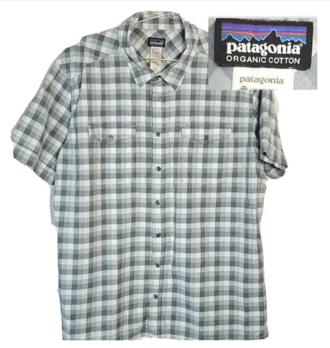 PATAGONIA Fezzman camicia manica corta cotone biologico a quadri blu-verde UOMO XL  - Foto 1 di 24