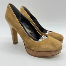 Nine West Womans Shoes Tan Suede Chunky Heel Wood Platform Size 8