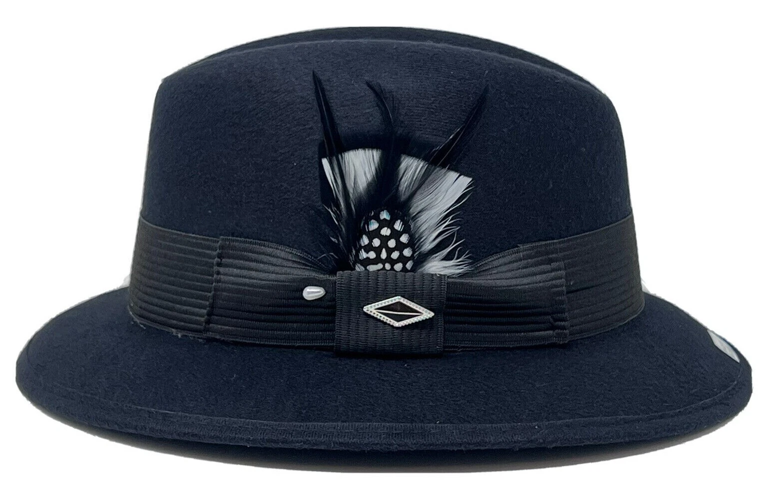 Whittier Lowrider Fedora Felt Hat Mens Black With Black & White Combo Feather