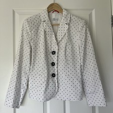 Peter Hahn White Jacket 14 Navy Polka Dots Lined Pockets Collar Buttons Long Sl