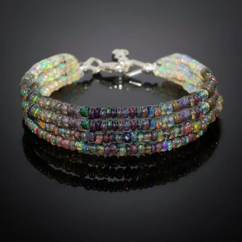 Original Schwarz mit Weiß Äthiopische Feuer Opal Perlen Armband Geschenk Schmuck - Bild 2 von 4