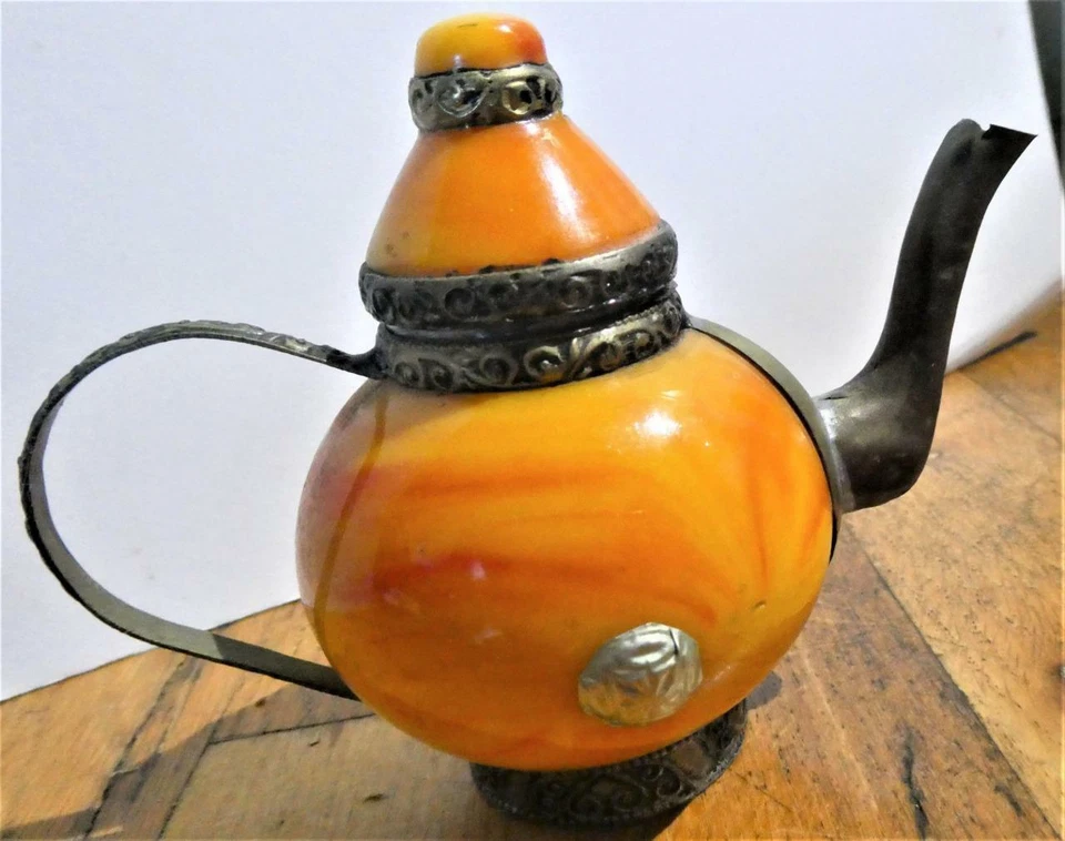 Vintage-Brass & Orange Slag Glass Teapot Lidded Stash-Trinket Box - Image 4 of 4