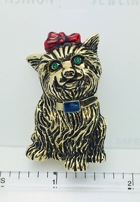 Gold Enamel Crystal Yorkie Dog Pin Brooch front-facing red bow