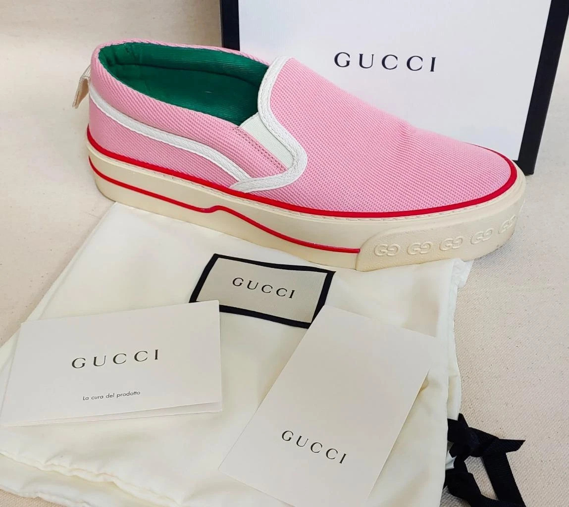 Baskets à enfiler en toile de tennis en tweed rose Gucci taille 37 États Unis taille 7