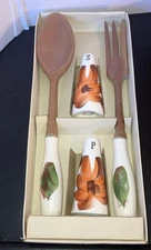 Hostess Set Salad Serving Wooden Spoon & Fork Hand Painted Ceramic Handle w/S&P