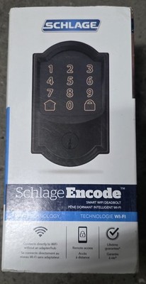 Schlage Encode Smart WiFi Deadbolt with Camelot Trim in Aged Bronze.