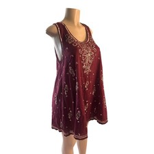Women M Free People Maroon Sequin Printed Shift Mini Dress Layering Tunic Top