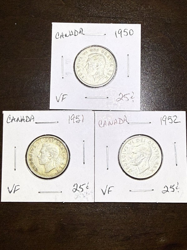 (3 Coins) Canada 25 Cents - George VI Canadian Silver Quarters - 1950 1951 1952