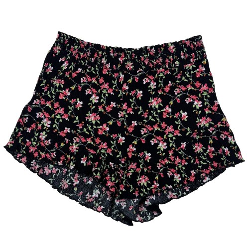 La Miel Womens Black Pink Floral Smocked Ruffle Shorts Lettuce Hem Small JAP4182