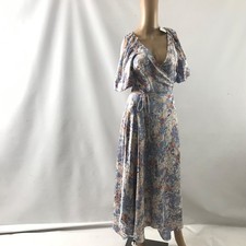 ASTR The Label Wrap Dress Women's XS Satin Floral Midi Bubble Puff Sleeve Blue