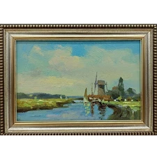 Summer nature Oil painting 4x6 Rural landscape Meadow People Boats River