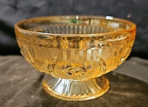 Jeanette Iris & Herringbone Glass Footed Sherbet Bowl Marigold Dessert Cup