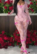 Women s Pink Lace See-Through Holiday Romantic Cute Bow Long-Sleeved Basic Holid