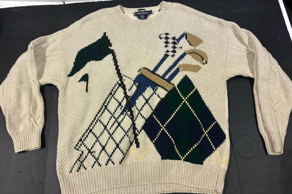 Vintage 90s Nautica Golf Pattern Hand Knit Sweater Size XL Cotton