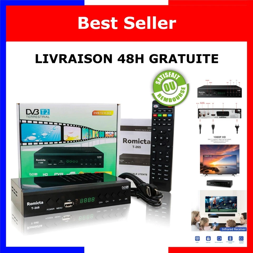 Décodeur TNT HD DVB-T2 H.265 HEVC Full HD 1080p USB HDMI - Photo 1/4