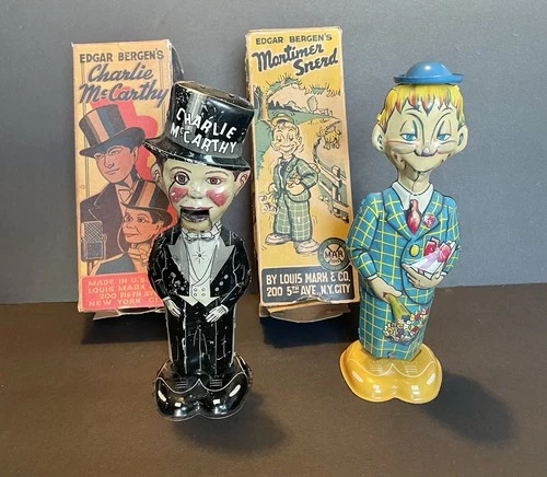 HTF MARX SET Edgar Bergen Charlie McCarthy Mortimer Snerd Wind Up Tin Toys w Box
