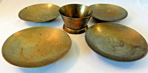 Antique/Vintage Set of Hand Etched Chinese Brass Saucers and Cup - Dragon Motif - Picture 1 of 9