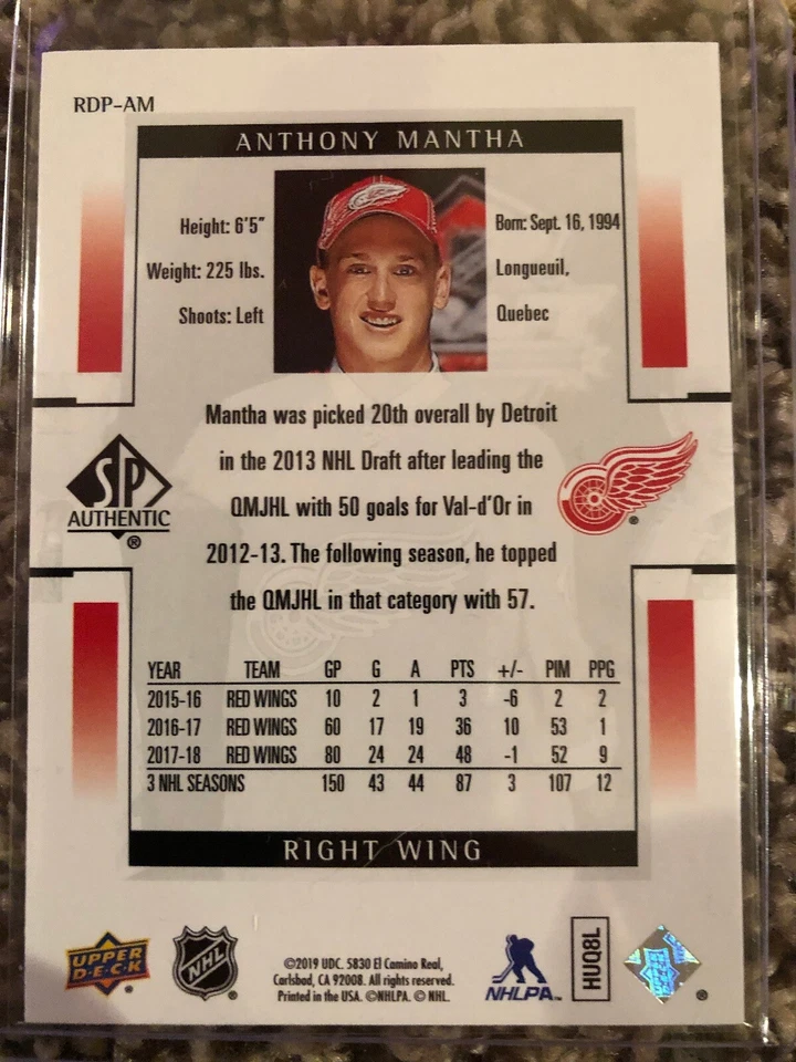 18-19 Upper Deck SP Authentic 99-00 Retro Draft Picks Anthony Mantha #RDP-AM - Image 2 of 2