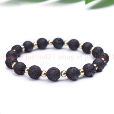 Natural 8/10/12mm Black Lava Rock Round Gemstone Beads Stretch Bracelet 7.5'' AAA