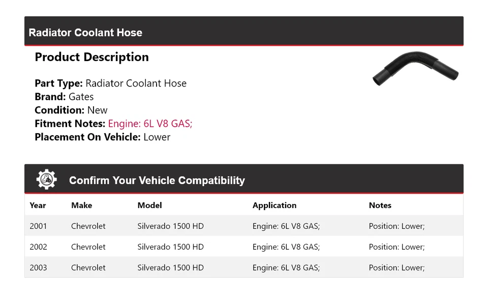 Manguera de refrigerante de radiador puertas inferiores 2002 para Chevrolet Silverado 1500 HD 2001-2003 Foto 2 de 4