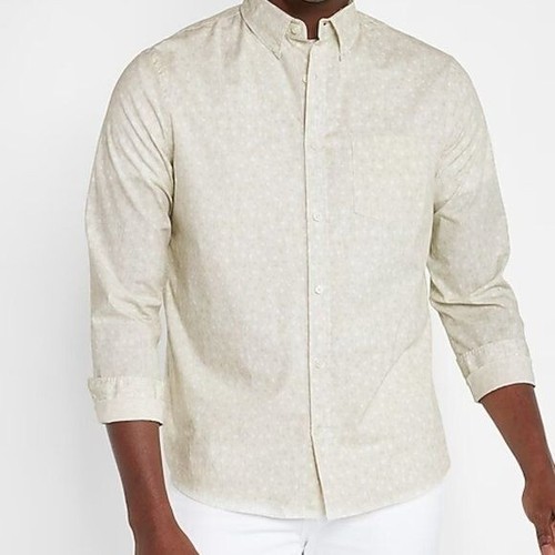Express Button Down Shirt Dot Print Stretch Cotton Shirt Tan Mens Size XS