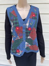 Casey  Max XL Blue Green Patchwork Plaid Hearts Flowers Denim Blend Vest