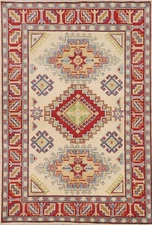 Tribal Ivory/ Red Wool Hand-knotted Geometric Super Kazak Oriental Area Rug 4x6