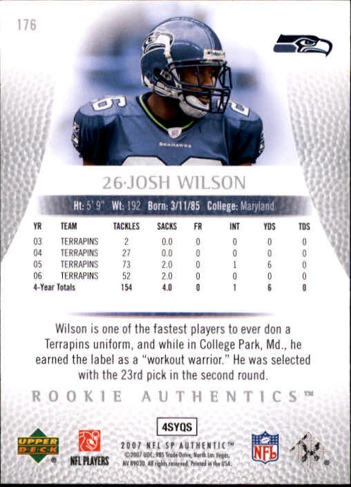 B0364- 2007 SP Authentic #176 Josh Wilson RC /999 - NM-MT - Image 2 of 2