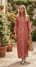 Womens Red Floral Paisley Printed Caftan | Long Silky Button-Front Maxi Tunic L