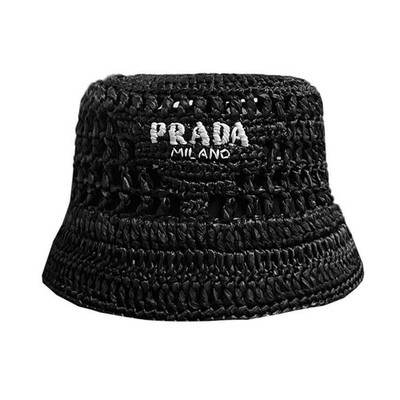 Prada Embroidered Logo Raffia Bucket Hat Black 2HC137 2A2T F0002 46155666