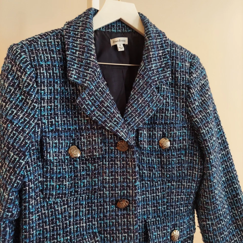 Blazer de tweed Joan Rivers tamanho 12 fecho de botão azul - Imagem 2 de 4