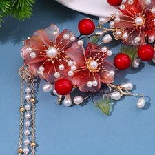 Red Flower Chinese Hair Clips with Tassel Fairy Hanfu Headdress Hairpin Gift