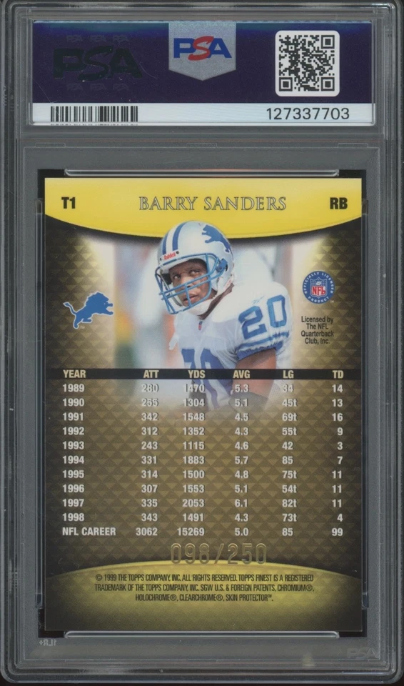 1999 Topps Finest Team Finest Gold #T1 Barry Sanders /250 Pop 5 Gem Mint PSA 10 - Image 2 of 2