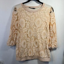 Anthropologie Doe & Rae Floral Lace Top Womens S Peach Sheer 3/4 Sleeve Romantic