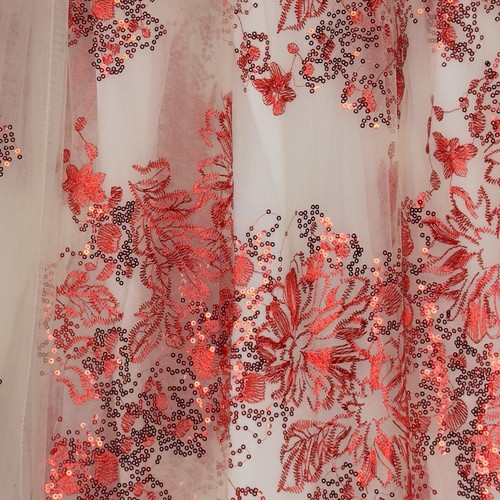 SEQUINED FLOWER EMBROIDERED MESH TULLE MIDI SKIRT IN RED - Picture 7 of 8