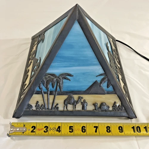 Vintage Meyda Stained Slag Glass Pyramid Lamp 10 Inch Base Camel Egypt Pyramid