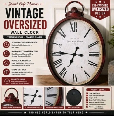 38'' Oversized Grand Cafe Marsot Pocket Watch Wall Clock Farmhouse French Country