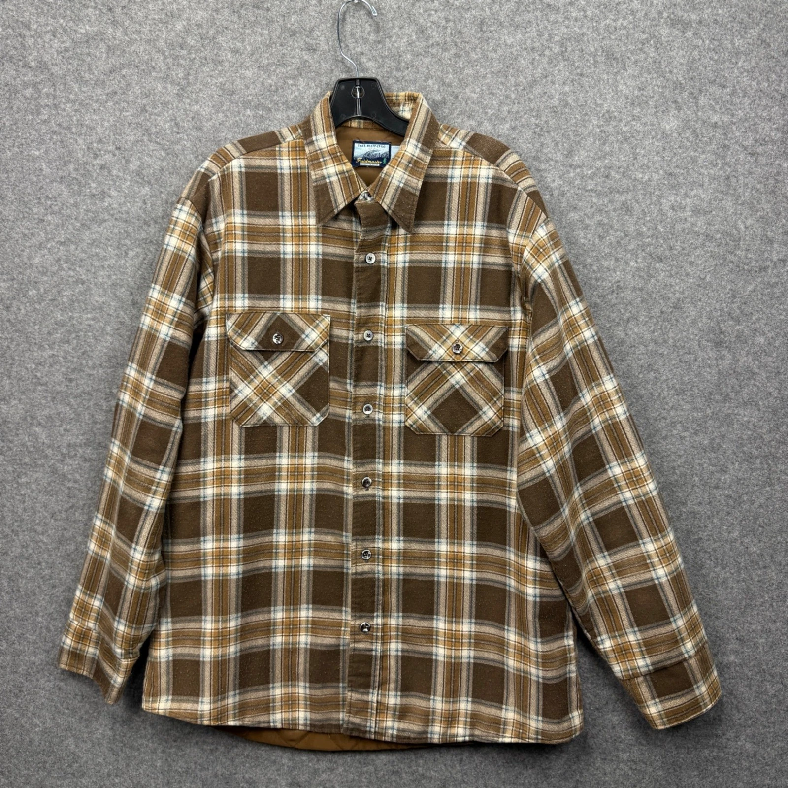 Vintage Fieldmaster Brown Plaid Quilted Flannel Shirt Jacket Mens Tall XL USA