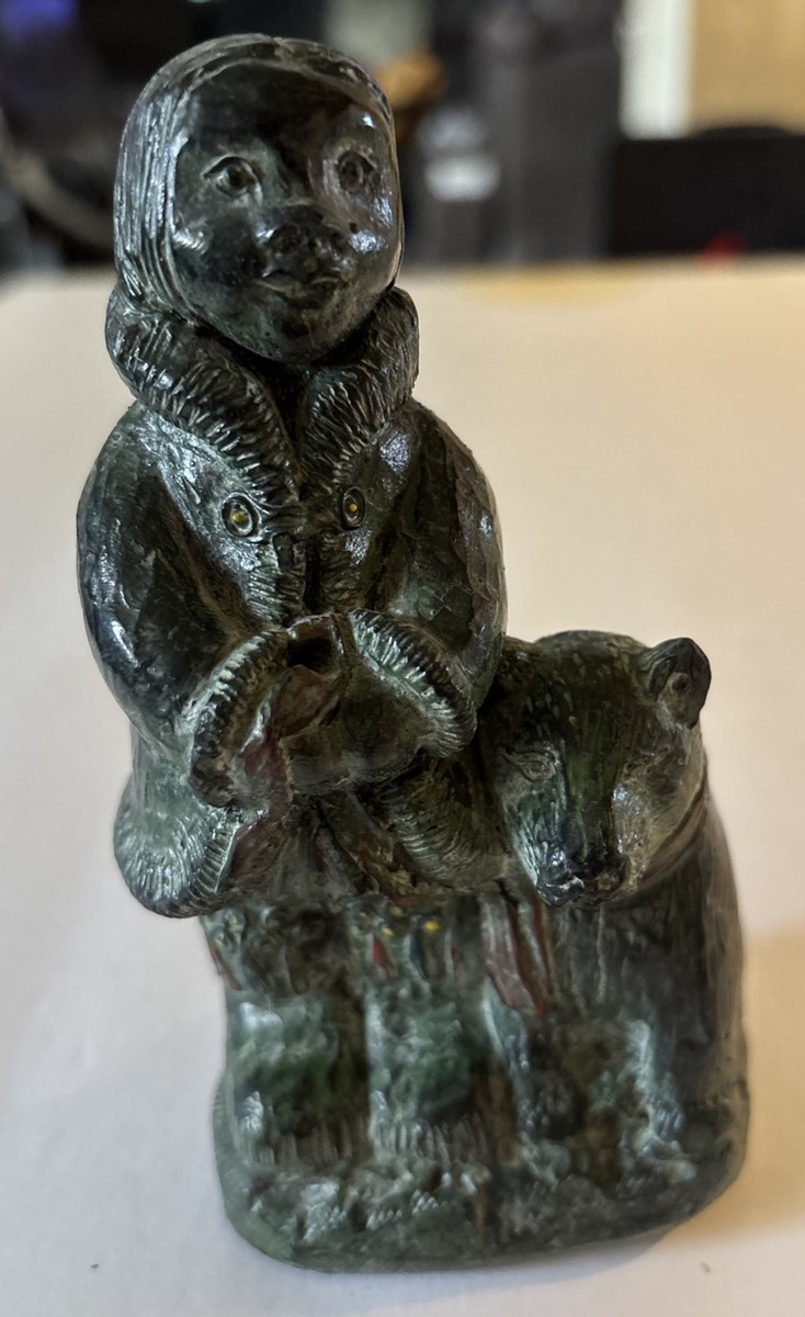 VTG A Wolf Original Canada Soapstone Eskimo w/ Wolf Sculpture