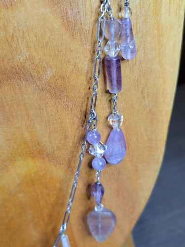 Fluorite, MOP, Glass & Banded Purple Agate Necklace Wire Wrapped Sterling Clasp - Picture 5 of 14