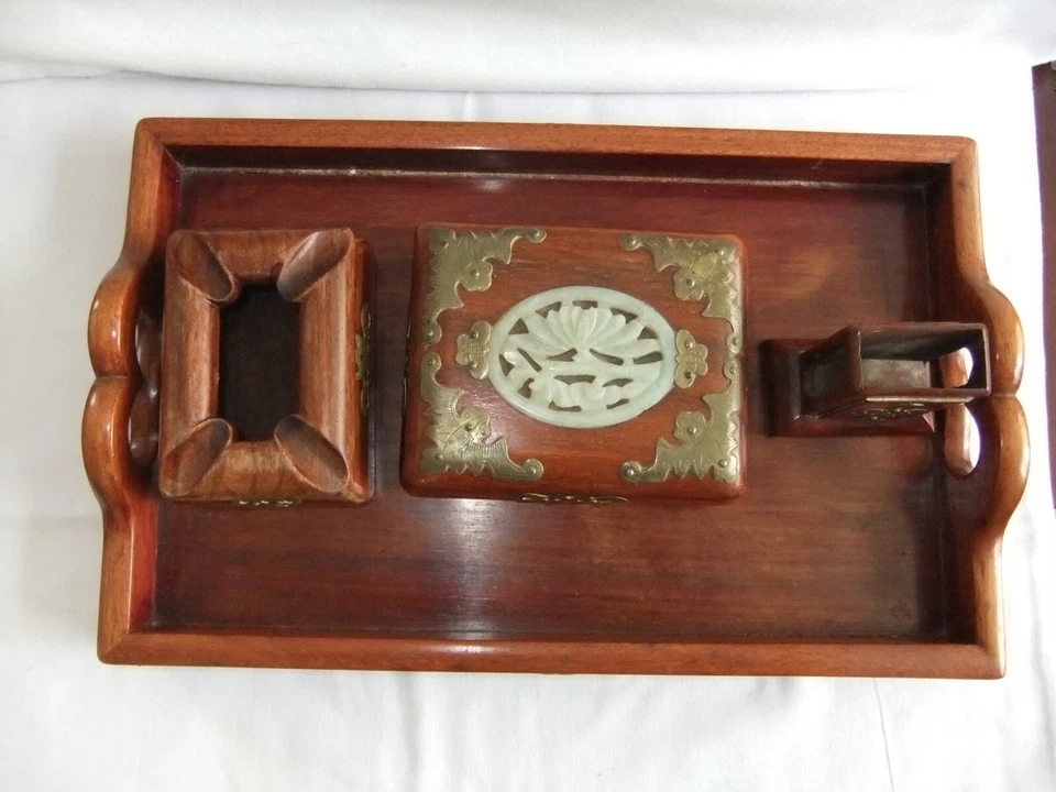 VINTAGE  CHINESE HARDWOOD TRAY WITH CIGARETTE BOX, ASH TRAY MATCHBOX HOLDER - Image 4 of 4