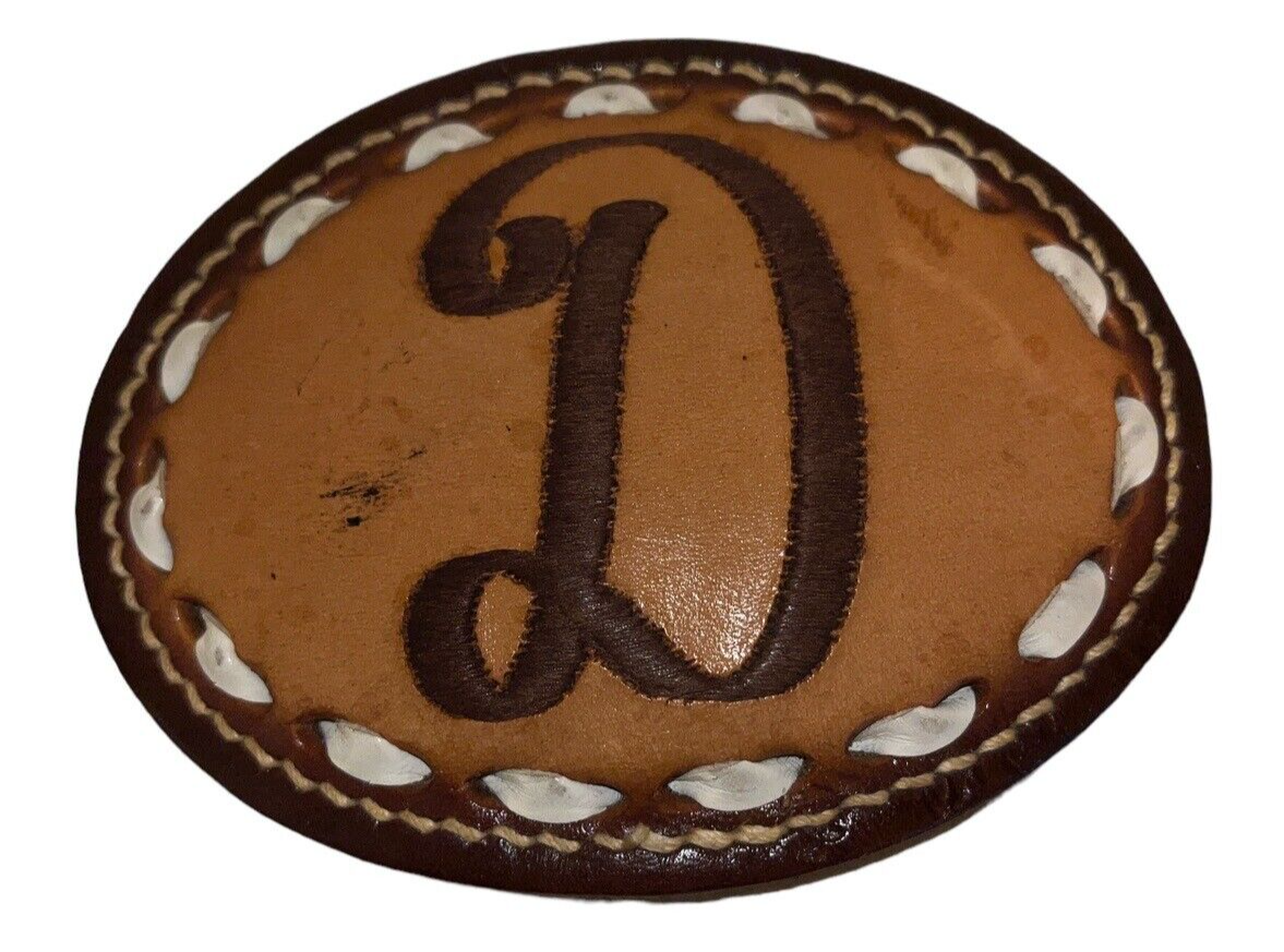 HM Brown Leather Embroidered D Initial Laced Western Cowboy Cowgirl Belt Buckle-image