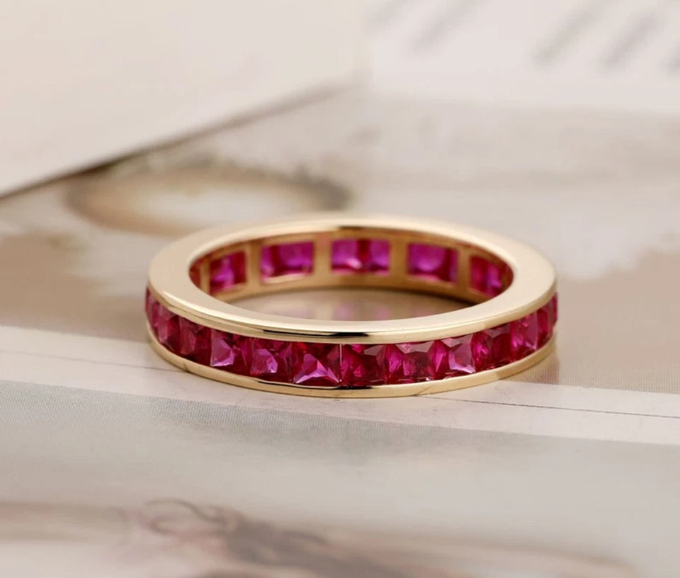 Ruby Wedding Band Ruby Full Eternity Band 925 Sterling Silver Gold Plated Band - Image 4 of 4